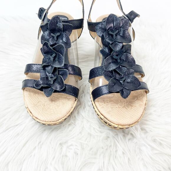 BOC Born Concepts 7 Women's Black Leather Floral Wedge Heel Ankle Strap Sandal - Picture 8 of 14